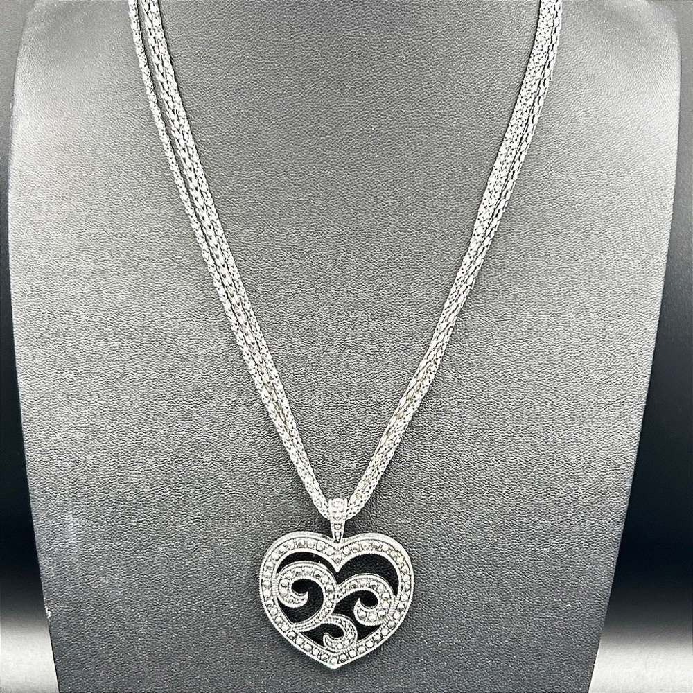 Vintage Silver Heart Pendant Necklace Multi-Strand Rhinestone 19"